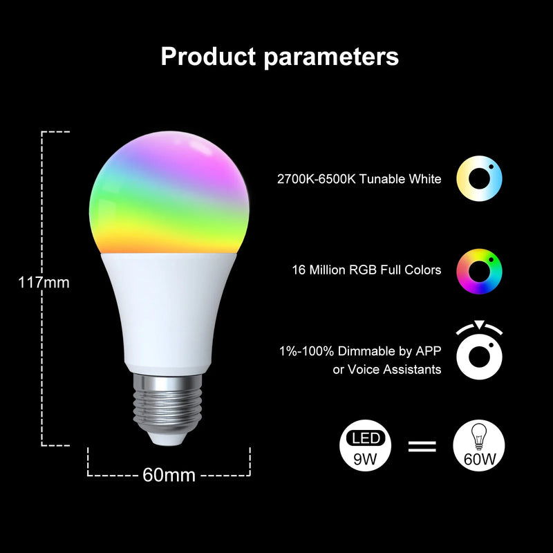 lampada MOES 1-9PCS 9W AC90-240V Tuya ZigBee Smart LED Light Bulb RGB E27 Dimmable APP Remote Control Alexa Google Home Voice Control