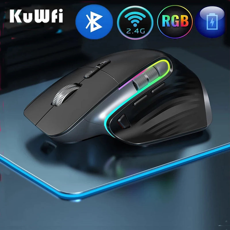 KuWFi Rechargeable Wireless Mouse Silent Gaming Mouse 2.4G&Bluetooth Mause Ergonomic for PC Laptop 4000DPI 9 Button RGB Mice